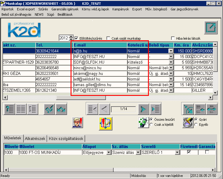 1. Szerviz 1.1. Munkalap Email cím, kötelező/normál típus megjelenítés Munkalap modul főablakra felkerült egy új oszlopba az adott munkalaphoz rögzített e-mail cím és egy új oszlopba, hogy az