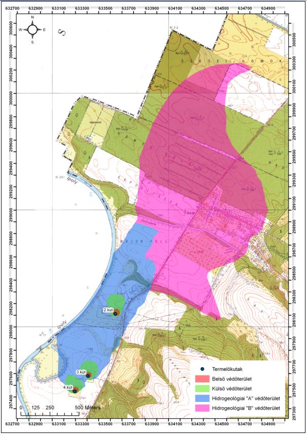 Perőcsény-Tésa vízbázis védőterületei A kutak védőidomainak meghatározását a