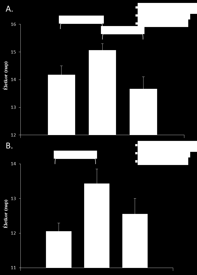 33. ábra: A fizikális paraméterek fejlődése: A: szemnyitás; B: fül kiegyenesedés. (*: p<0,05, **: p<0,01).