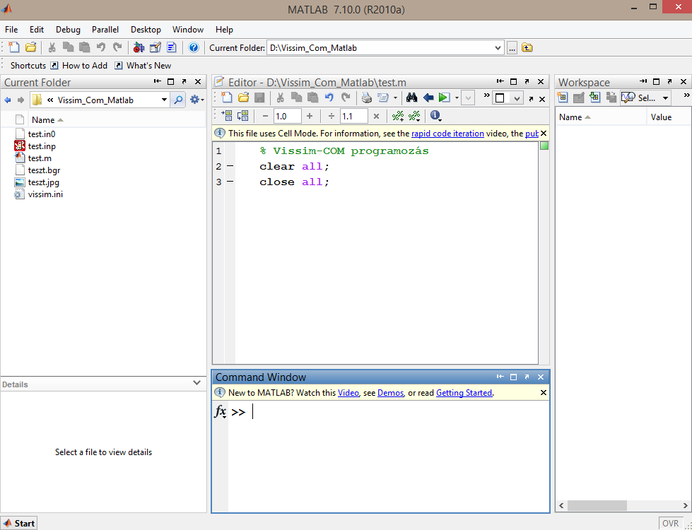 2. lecke: Vissim-COM szerver létrehozása Matlabban Script fájl (".