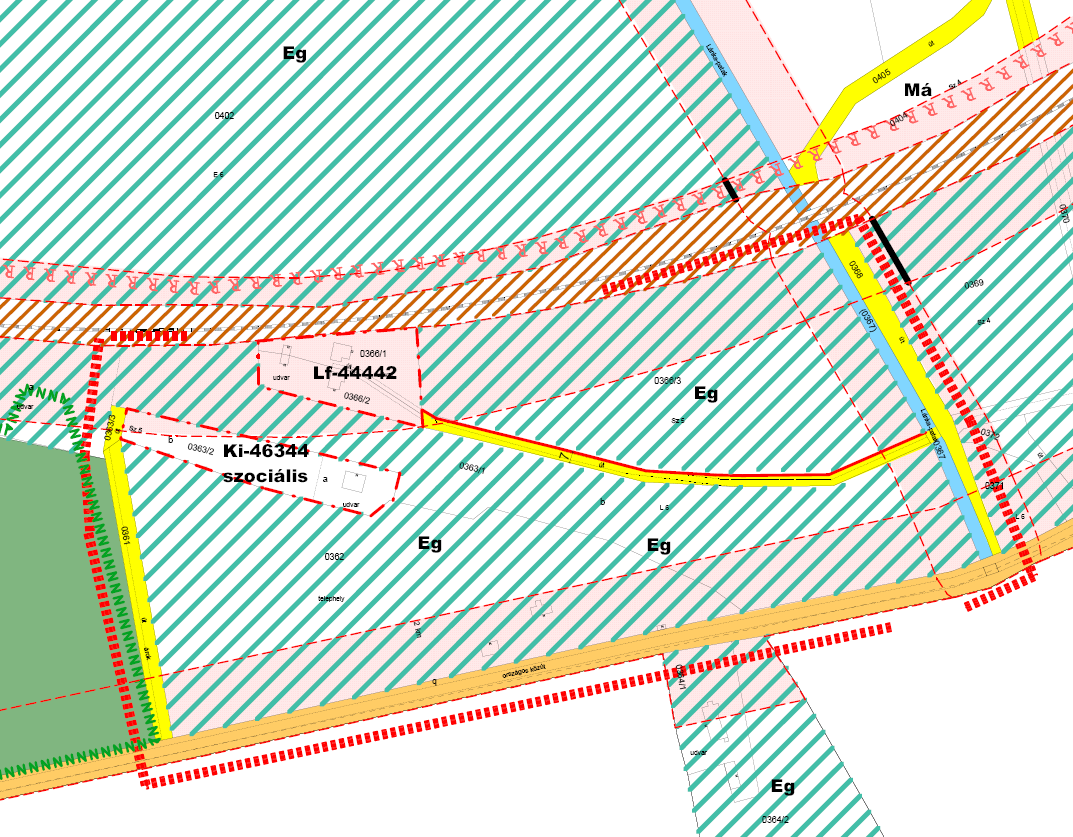 Javasolt szabályozási terv részlete (szelvényszám D4) A 0366/1-2 hrsz erdészházak területét Lf-44442 jelű építési övezetbe kerülne besorolásra.