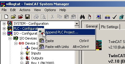 48 Ha a fordítás sikeres és létrejött a tpy kiterjesztésű projekt állomány, akkor ismét lépjünk be a TwinCAT System Manager programba, és ezt a projekt állomány fűzzük hozzá az eddigi konfigurációs