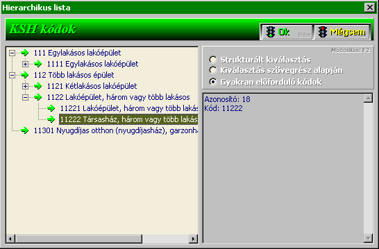 Itt is meg van a lehetősége azonban a felhasználónak arra, hogy felülbírálva a program javaslatát, a teljes kódlistából válasszon. Ehhez a "Strukturált kiválasztás" rádiógombra kell kattintani.