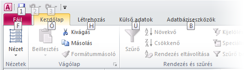 A billentyűtippek Az Access 2010 a menüszalaghoz billentyűparancsokat, úgynevezett billentyűtippeket kínál, amelyek használatával gyorsan, egér nélkül dolgozhat.