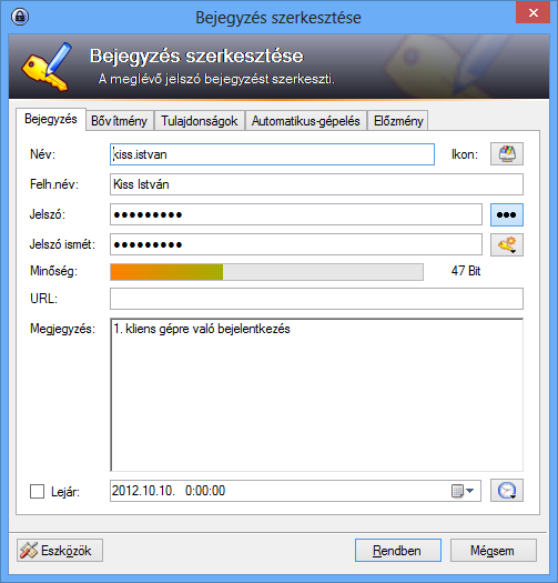 KeePass Új bejegyzés