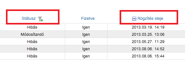 ábra Grafikus visszajelzés a rendezés irányáról Szűrni az egyes telephelyek igényléseire lehet, ha az adott telephelykód beírását követően a szűrő ikonra kattintunk.