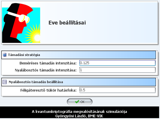 A szimuláció szereplői Eve beállításai Támadási stratégia Beméréses támadás intenzitása Ha a beállított érték 1, akkor Eve minden egyes nyalábot bemér, 0 esetében pedig nem alkalmazza a beméréses