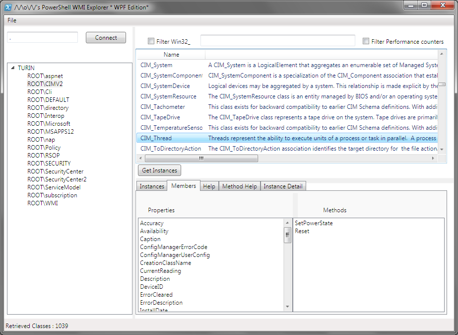 10. ábra: PowerShell WMI Explorer WPF Edition Itt ki lehet listázni az egyes névterekben szereplő osztályokat, azok részletes leírását, valamint le lehet kérdezni a példányaikat.