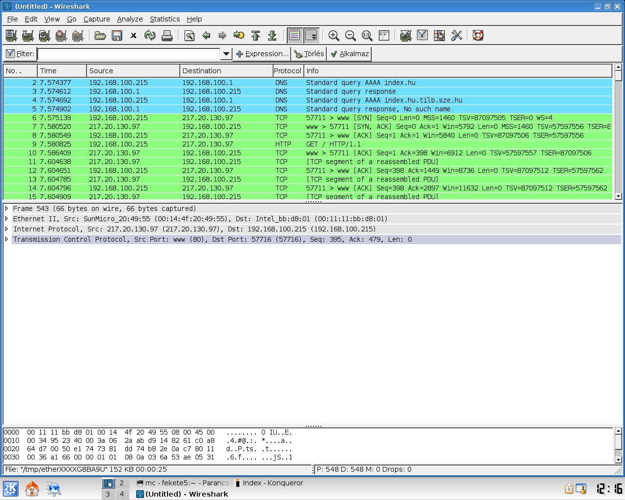 Legfelül látható, hogy jelen esetben az eth0-es interfészt használjuk. A Capture packet in promiscuous mode kapcsolót mindig hagyjuk bekapcsolva, így ún. monitor módba állítjuk a hálókártyát.