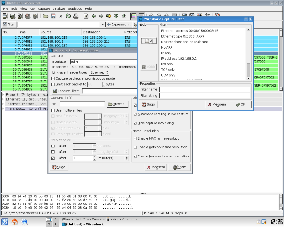 A Wireshark az elkapott csomagok sorszámát, a forrás és cél IP-t, a protokoll nevét valamint a csomag részletét jeleníti meg első látásra.