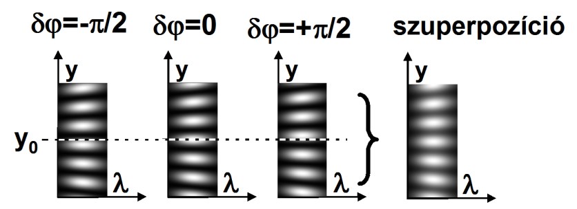 8. ábra: Spektrálisan és térben bontott interferométer: (a) és az interferencia-csíkok létrejötte (b) A tárgykarban lévő minta reprezentálja az impulzusok relatív fáziskülönbségét.