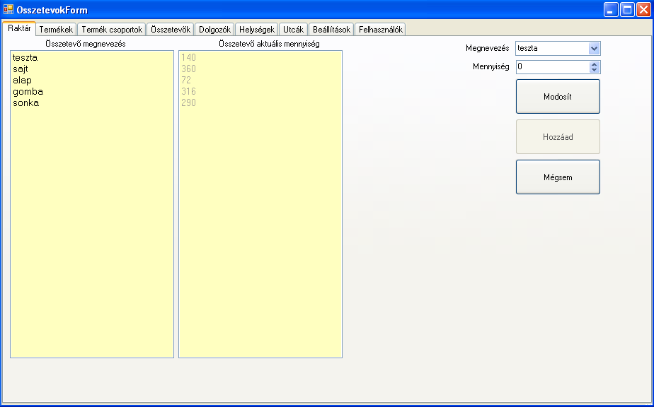 3.5.11 TableManageForm ablak Az adatbázis módosítására alkalmas ablak. Minden tábla külön fülön módosítható.