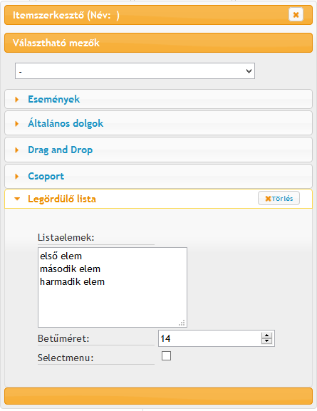 3.1.5. Legördülő lista (Select) Legördülő lista alkalmazása esetén a feladatíró által előre meghatározott listából választható ki a válasz. Beállítási lehetőségek (3.12.