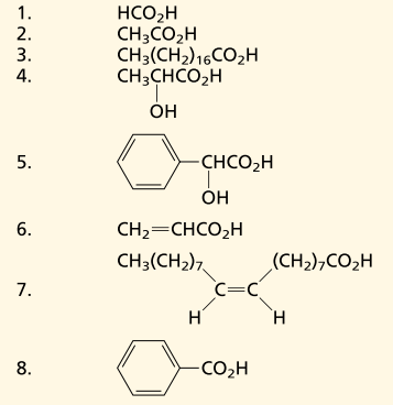 Karbonsavak elnevezése: metánsav (hangyasav) etánsav (ecetsav) Oktadekánsav (sztearinsav) 2-hidroxipropánsav