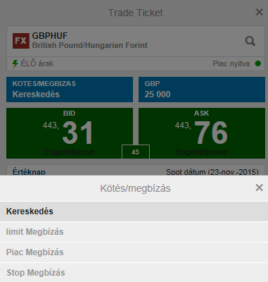 Deviza Kereskedési jegy (Új megbízás) egyéb megbízás típusok Kattintsunk a KÖTÉS/MEGBÍZÁS feliratra a kereskedési jegyen. A következő megbízás típusok közül választhatunk: 1.