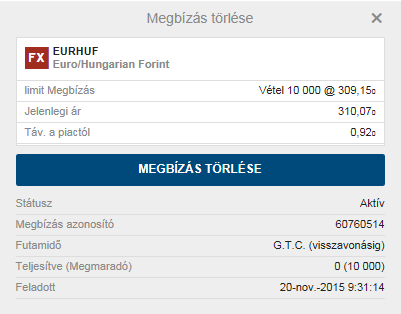 Megbízások módosítása / törlése Megbízás módosításához kattintsunk a megbízás sorában a SZERK (szerkesztés) gombra.