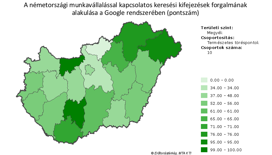 2.4.4. ábra Az ausztriai munkavállalással kapcsolatos érdeklődés térbeli alakulása, 2007.01-2012.10. Forrás: GVI, Google Trends, Erőforrástérkép (http://regionaldata.org/ ) 2.