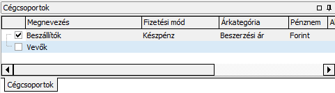 Megnevezés Fizetési mód Árkategória Pénznem Alapértelmezett Kedvezmény Kedvezmény típusa Felviteli segédlet A cégcsoport megnevezése. Nem szerkeszthető mező.