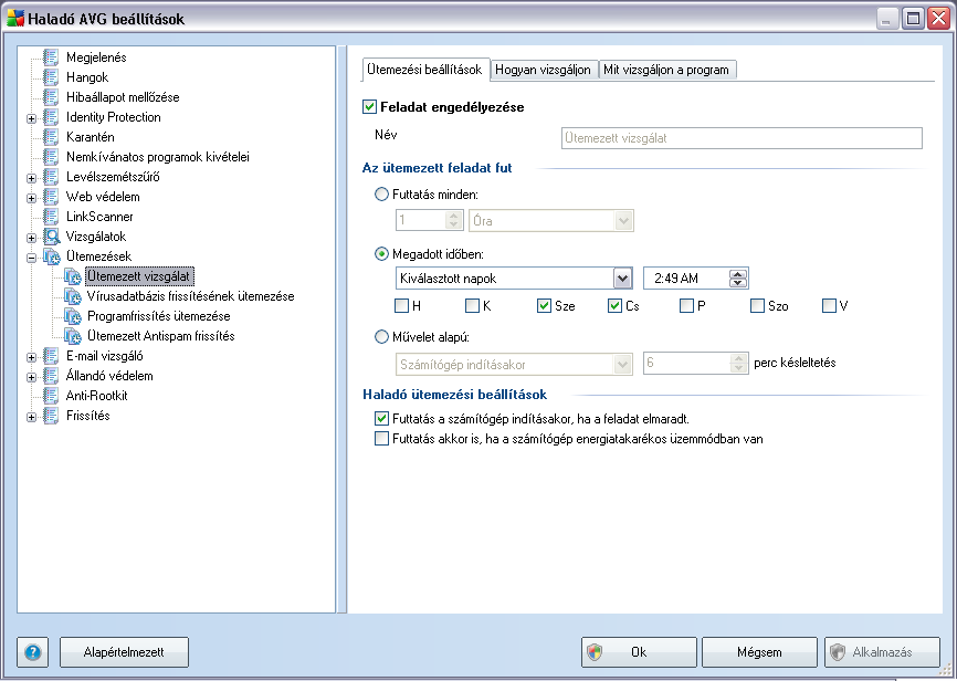 9.9. Ütemezések Az Ütemezések részben szerkesztheti a következok alapbeállításait: Ütemezett teljes vizsgálat Vírusadatbázis frissítésének ütemezése Programfrissítés ütemezése 9.9.1.