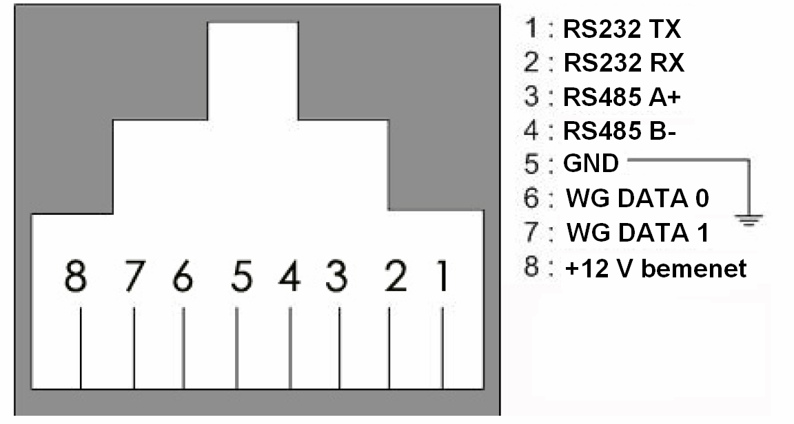 (DATA0 és DATA1) RS232 vagy RS485 (Kimenet ugyanazon a PORT3 csatlakozón öt vonalon: (RS232