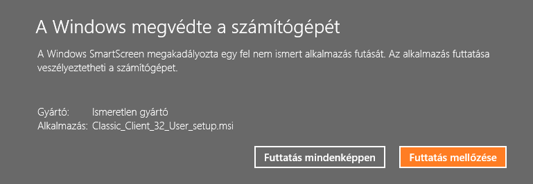 b. Telepítés Windows 8, 8.1 alatt Windows 8 operációs rendszer alatt a telepítés megkezdését megelőzően jóvá kell hagynunk a Classic Client Toolbox telepítését.