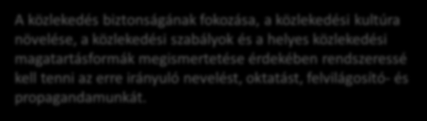 A képzés és az oktatás középpontba állítása A közúti közlekedéssel összefüggő állami feladatok: a közúti közlekedési szakemberek és a közúti járművezetők vizsgáztatása, a közúti közlekedés