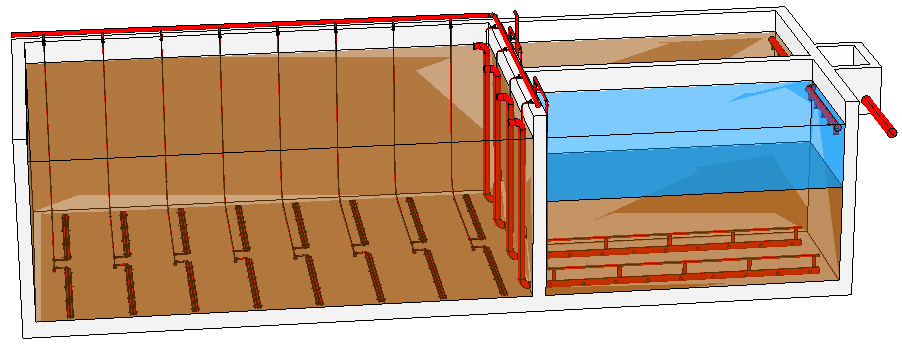 BIOCOS rendszer (BIOlogical COmbined System) Levegőztető medence(b) Fázisszétválasztó medencék (SU) Légbefúvásos keverő Elvezető tolózárak Membrán levegőztető rendszer Recirkulációs mamutszivattyú