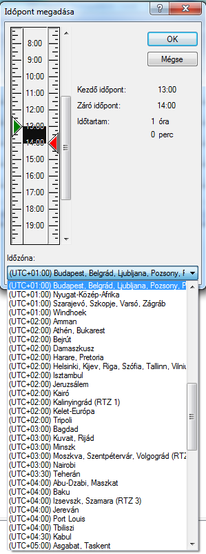 - 10 - Időzóna megadása egy találkozó számára Az Időzóna szolgáltatás segítségével különböző időzónákban tartózkodó címzettek számára ütemezhetünk értekezletet.
