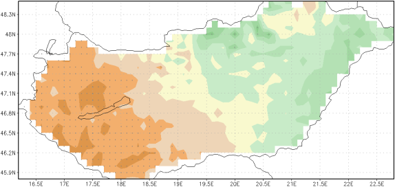 ábra: Az ALADIN_EUR44 modellszimuláció eredményei alapján számított éves és évszakos csapadékösszeg átlagos eltérése (%) az E-OBS és a CARPATCLIM megfigyelési