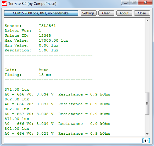 TLS2561_and_LDR.ino void loop (void) { sensors_event_t event; //Get a new sensor event tsl.getevent(&event); //Kiírás, ha 0-tól különböző if (event.light) { Serial.