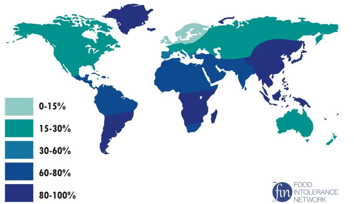 ábrán található térkép is. 1. ábra: Laktózérzékenység előfordulása világszerte (%) Forrás: http://www.food-intolerance-network.