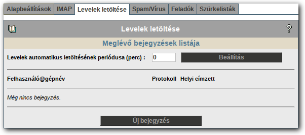 LEVELEZÉS IMAP beállításai 12.3 Levelek letöltése másik kiszolgálóról A Levelek letöltése fül alatt megadhat egy levélkiszolgálót amelyről bizonyos időközönként letölti a leveleket a SuliXerver.