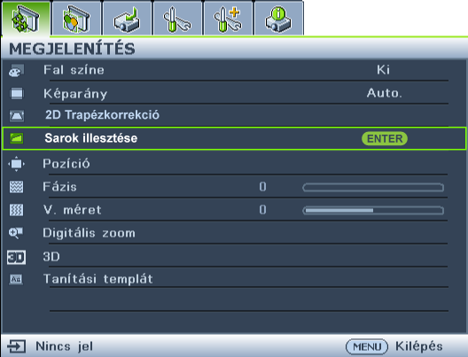 A QUICK INSTALL gomb használata 1. Nyomja meg a QUICK INSTALL gombot a távvezérlőn. 2. Nyomja meg a gombot a 2D Trapézkorrekció kiválasztásához, és nyomja meg az MODE/ENTER gombot. 3.