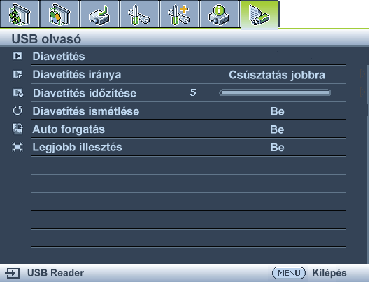 Bemutató USB-kártyaolvasóról Ez a funkció a kivetítőhöz csatlakoztatott USB flash meghajtón lévő képek diabemutatóját jeleníti meg. Feleslegessé teszi a számítógép forrást.