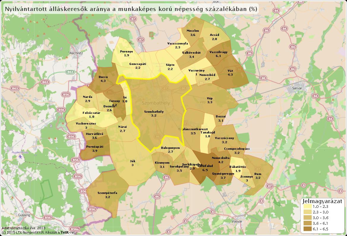 6. ábra: A Szombathelyi járásban nyilvántartott álláskeresők aránya a munkaképes korú népesség százalékában (forrás: TEIR, 2013) A nyilvántartott álláskeresők nemek szerinti eloszlása tekintetében