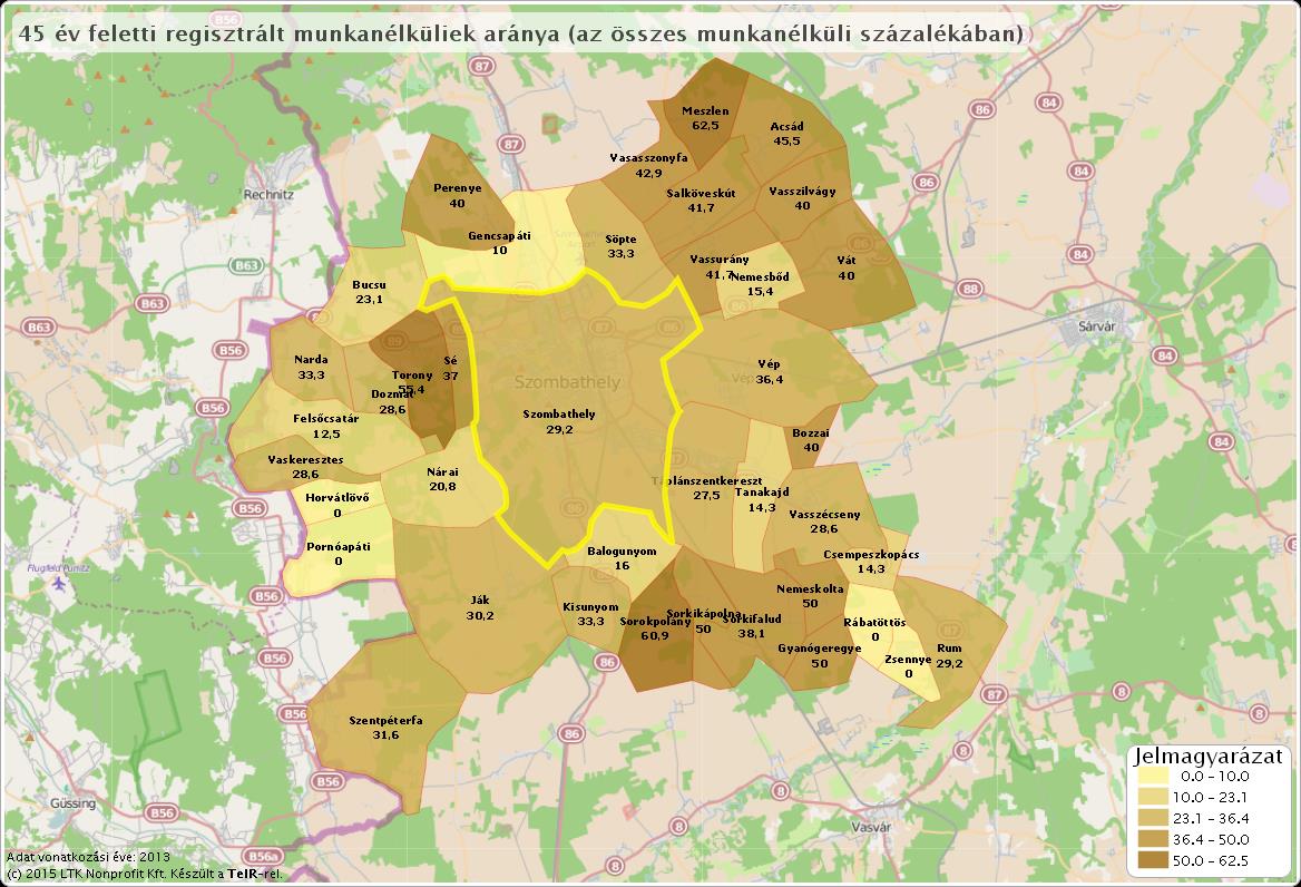 14. ábra: A Szombathelyi járásban a 45 év feletti nyilvántartott álláskeresők aránya az összes munkanélküli százalékában (forrás: TEIR, 2013) A Szombathelyi járás munkaerő-piaci helyzetének