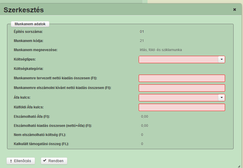 A munkanemre vonatkozó további adatokat szerkesztés ablakban kell megadni.