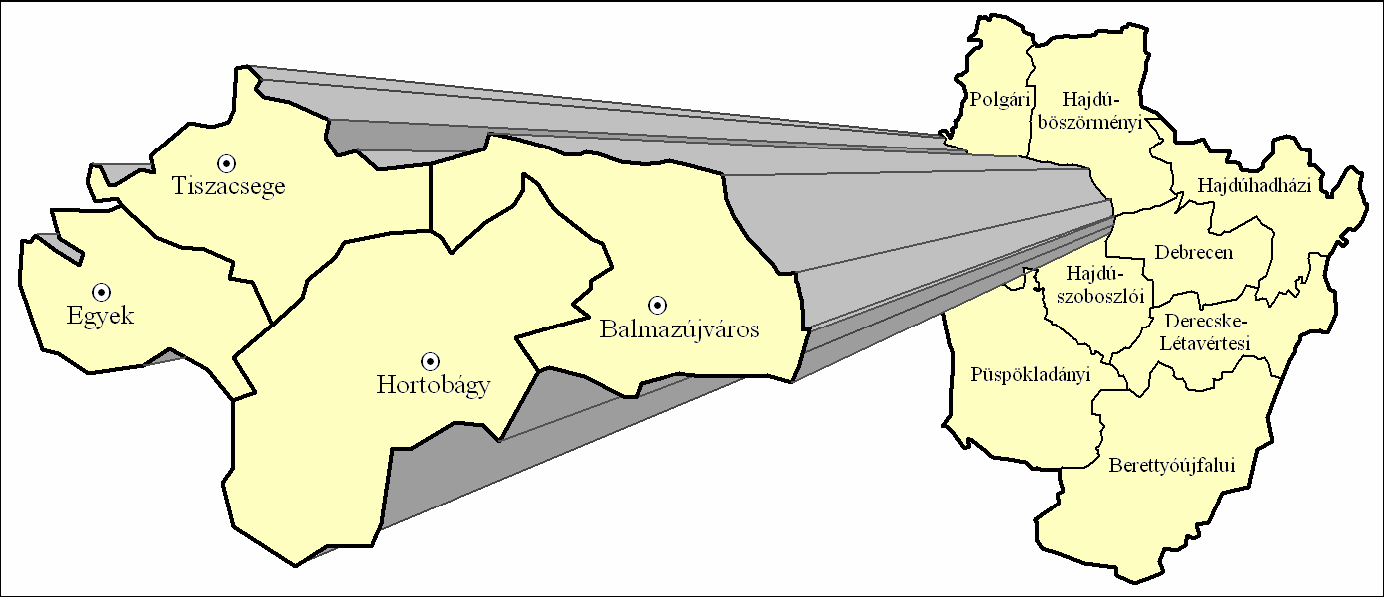 Területén két városi rangú település található: Balmazújváros 1989-ben, Tiszacsege pedig 2000-ben nyerte el a városi címet.