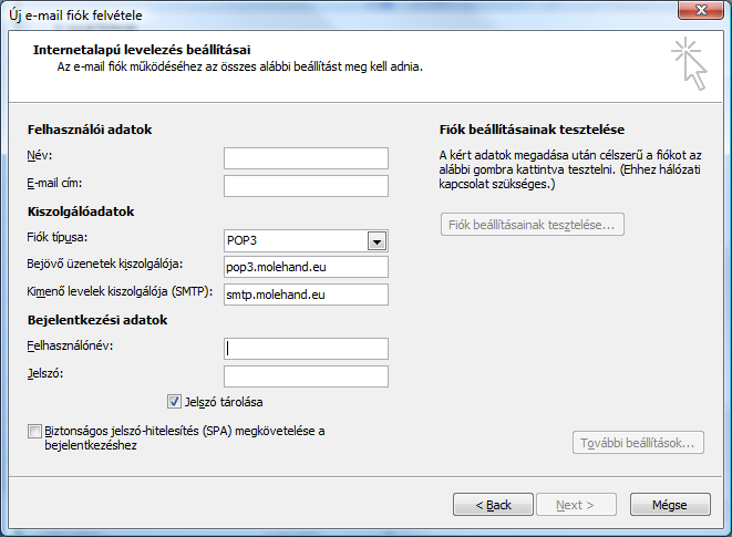Töltse ki a következő ablak szövegdobozait az alábbi kép alapján: Felhasználói adatok Név: Adja meg azt a nevet, amelyet szeretné, hogy a leveleinek fogadói feladóként lássanak.