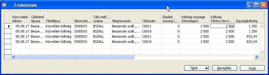 H) Készletgazdálkodás 217/235 Az ábrán látható, hogy az értéktételekhez a rendszer a cikk-mellékköltség számát is hozzárendeli. H.4.