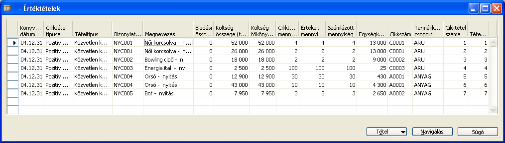 H) Készletgazdálkodás 224/235 H.22. Példa: Vizsgálja meg a Cikktételjegyzék 1 számú tételének cikk illetve értéktétel könyvelését. Melyik nap volt a létrehozásának dátuma?