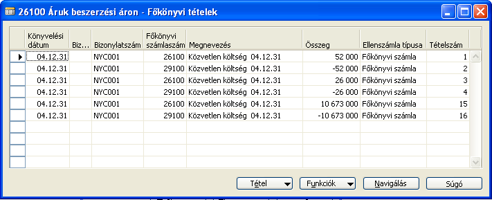 H) Készletgazdálkodás 225/235 A Főkönyvi tételek ablakban megjelenik az a könyvelési tétel, amely az értéktételhez kapcsolódik. Több könyvelési tétel is megjelenhet (mint a fenti példában).