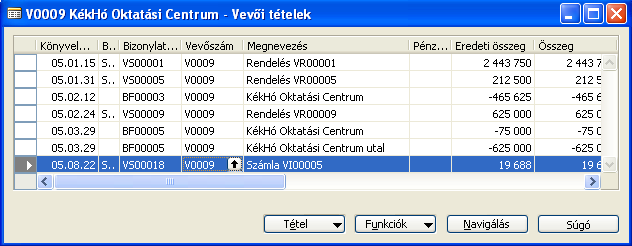 vevőt. Az Egyenleg mezőn szereplő nyílra kattintva megjelennek a folyószámla tételek. Az utolsó sorban látható az új lekönyvelt számla. Az ÁFA analitikába bekerült az ÁFA értéke.