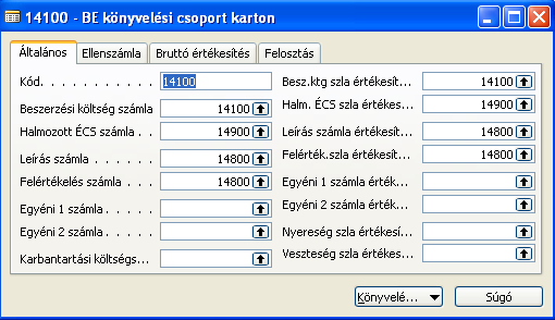 D) Befektetett eszközök 88/235 A könyvelési csoportok azonosítójaként az eszköz mérlegszámla van megjelölve. A kisértékű eszközöknek is van külön könyvelési csoportja. D.2. Befektetett eszközök törzsadatai A Pénzügy, Befektetett eszközök menüben tudjuk karbantartani az eszközök törzsadatait.