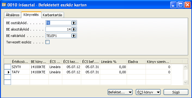 D) Befektetett eszközök 92/235 A Befektetett eszköz, Dimenziók alatt adja meg a 130-as (Beszerzés) költséghelyet. D.2. Példa: Új eszköz felvétele Vegye fel az 50 000 Ft alatti értékű íróasztal kartonját.