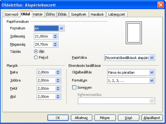 kell határoznunk, hogy mekkora papírlapon, milyen margókkal óhajtunk dolgozni. Ezt a Formátum menü Oldal... pontjában tehetjük meg.