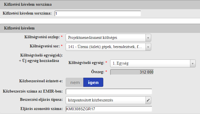 A Kifizetési kérelemnél további adatok megadására van lehetőség.