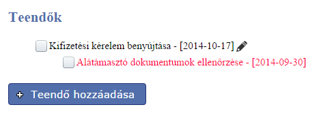 11 TEENDŐK FELVÉTELE/KEZELÉSE 112. ábra Generált leltár lista A Teendők menüpont alatt található Teendő hozzáadása gombbal vehető fel új teendő.