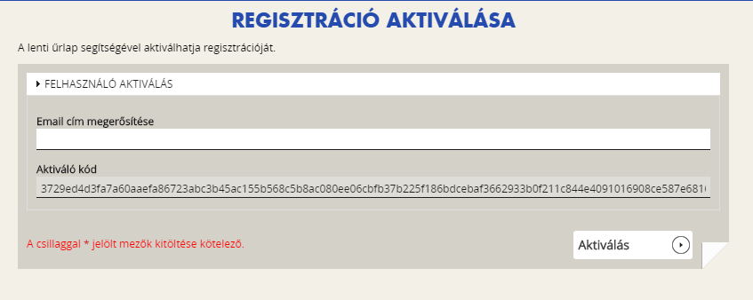 A regisztrációs folyamat végeztével egy egyszer használható, regisztrációt megerősítő email kerül elküldésre a regisztrációs űrlapon rögzített értesítési email címre.