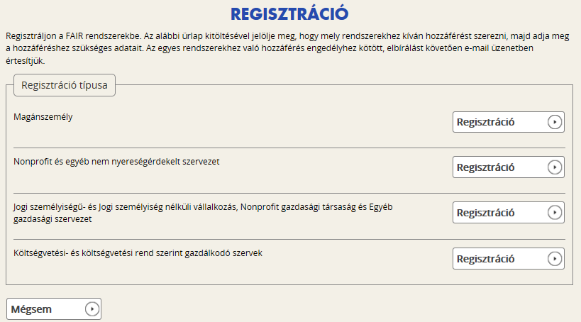 A megfelelő típus kiválasztása után, a típusmegnevezés mellett található Regisztráció gomb kiválasztásával jeleníthető meg a regisztrációs folyamat során kitöltendő űrlap.